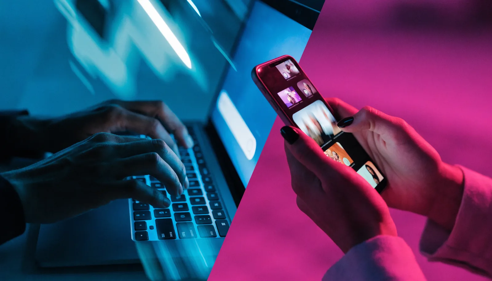 Split image of a person searching on a laptop and a person scrolling social video on a phone