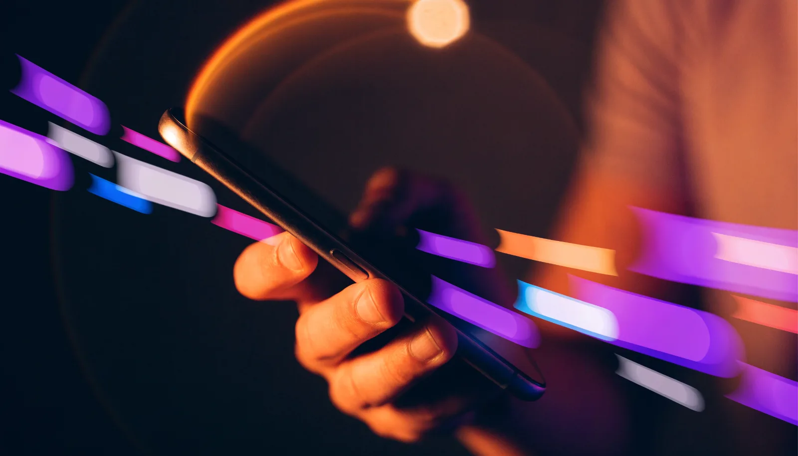 Hand scrolling a smartphone with colourful social feed cards streaming past
