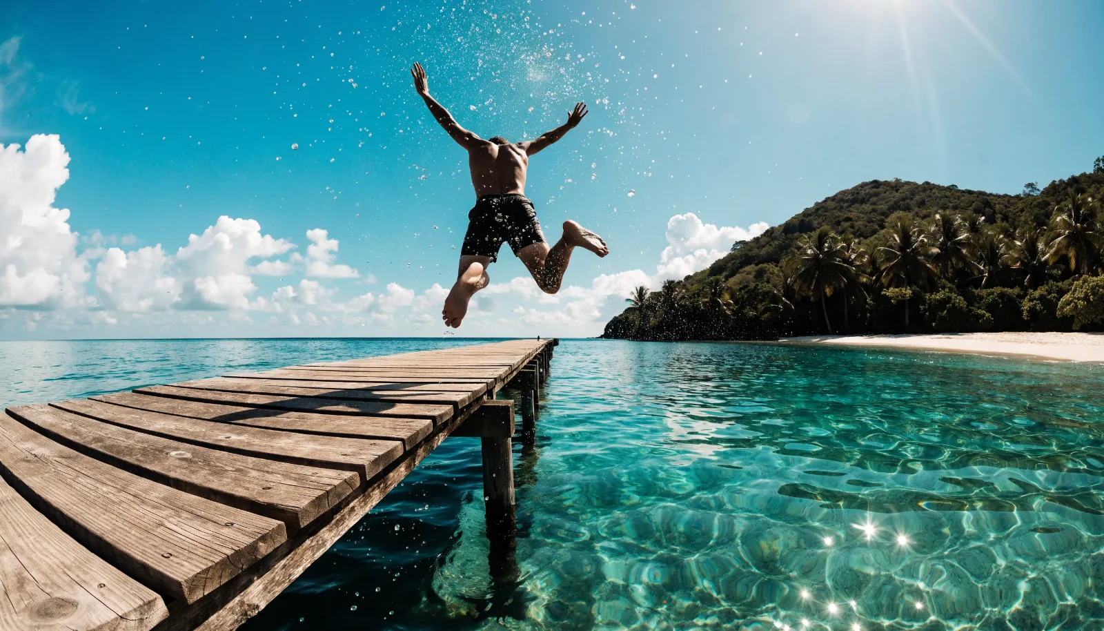 Traveller leaping from a wooden jetty into clear water