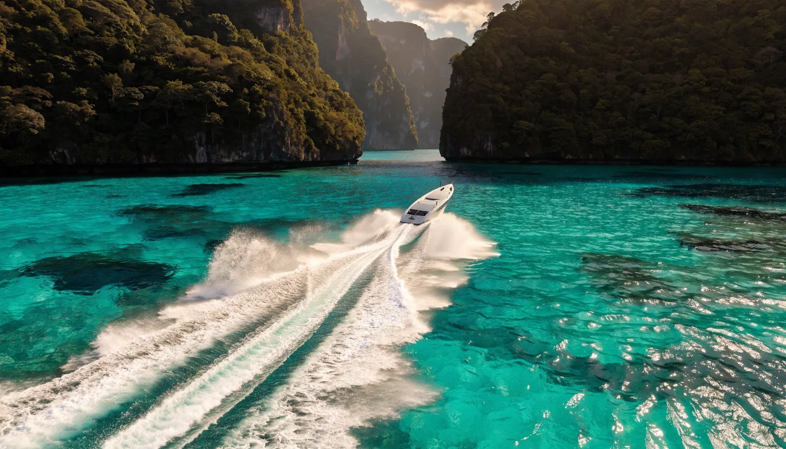 Speedboat crossing a turquoise lagoon between limestone cliffs