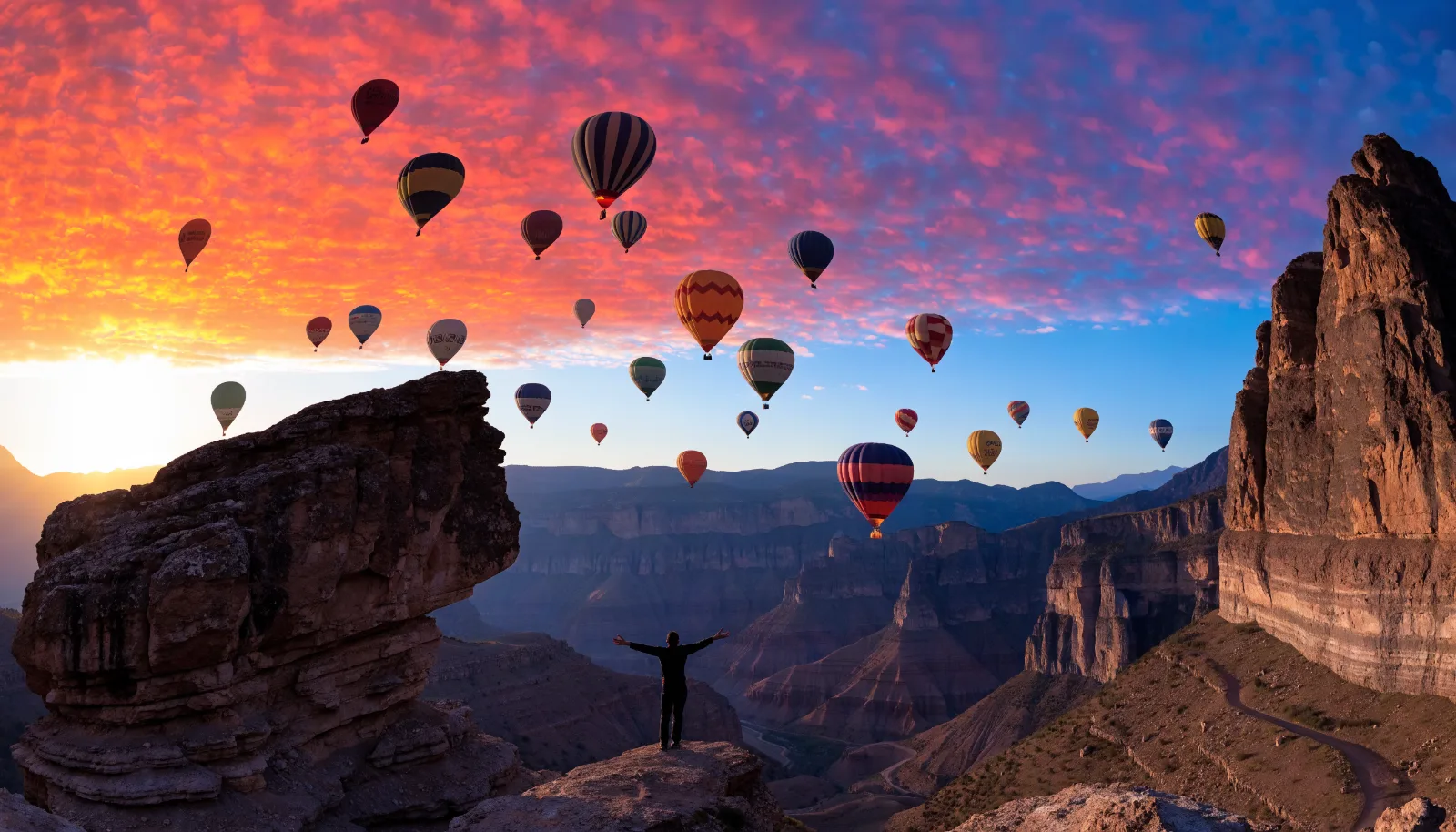 Hot-air balloons rising over rock valleys at sunrise